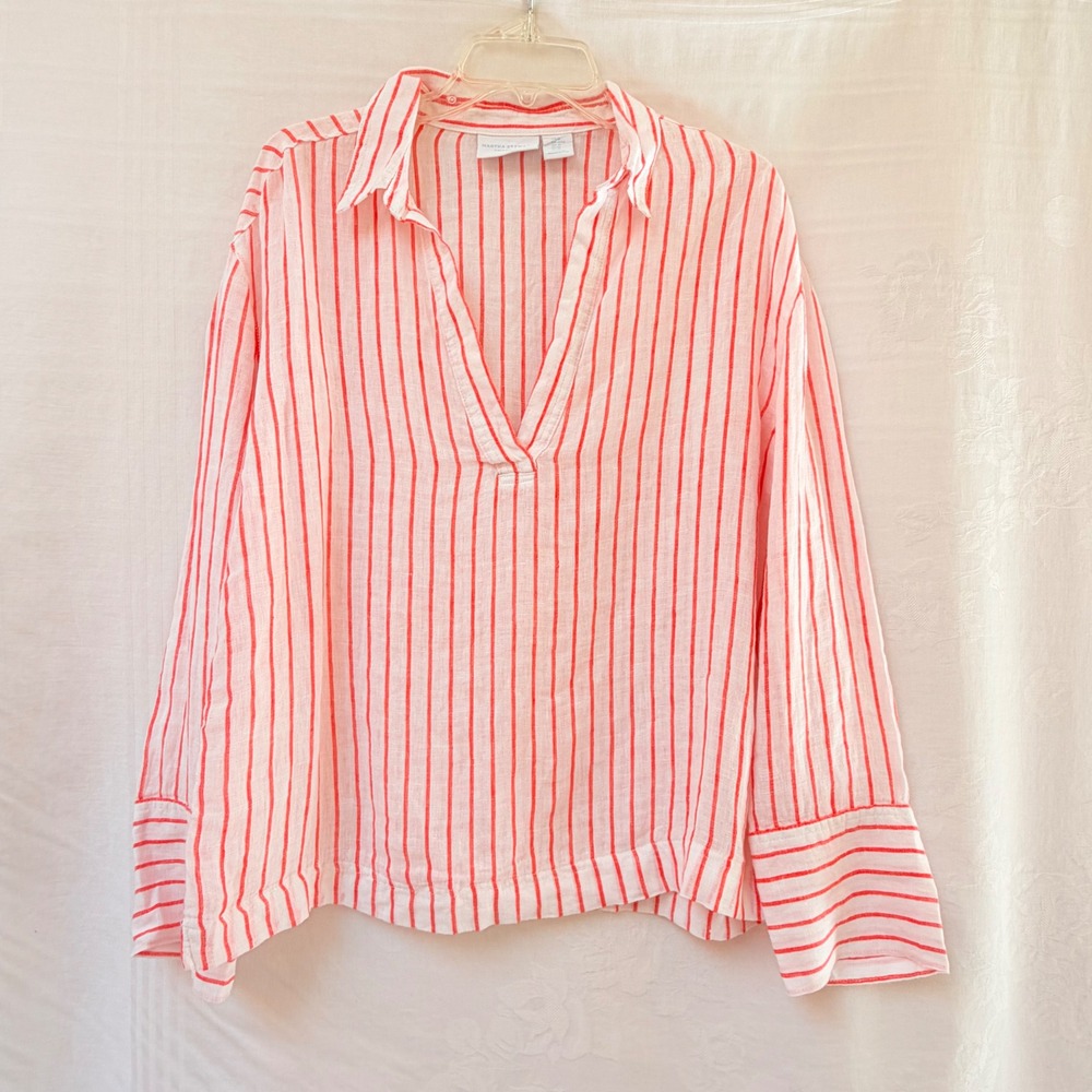 Martha Stewart Everyday Red White Striped Linen Blend V-Neck Tunic Top Medium